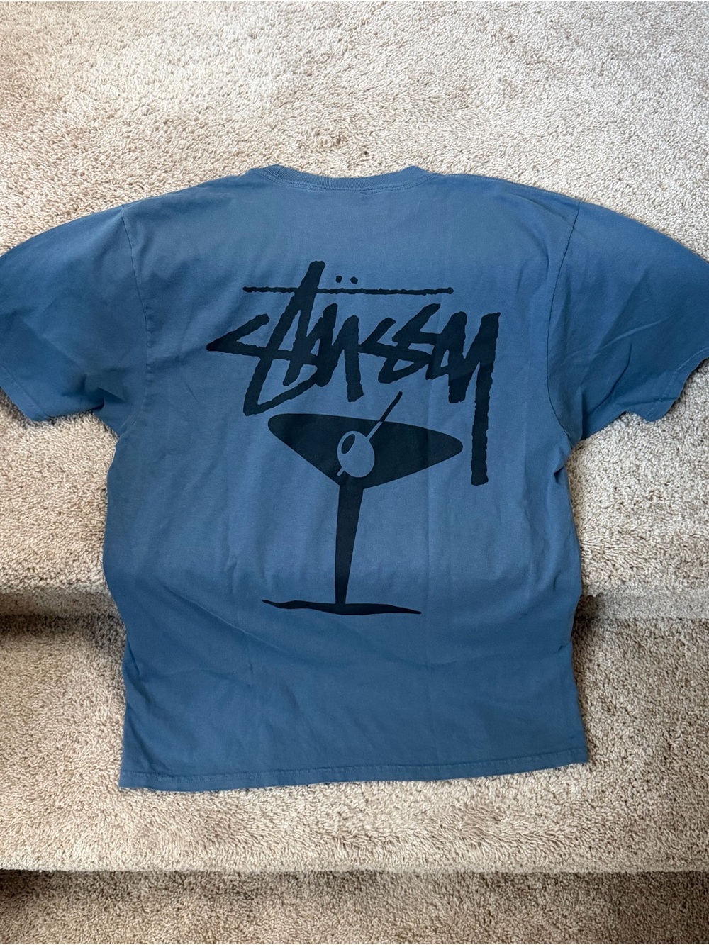 Stussy Blue Short Sleeve Tee with Black Logo Martini Graphic